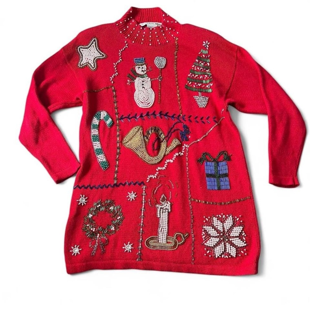 Victoria Jones Vintage Red Beaded Christmas Sweater Medium Holiday Party